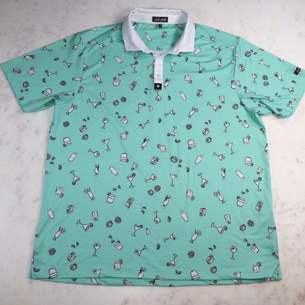 Bad Birdie Five PM Somewhere Golf Polo Mint Green Drinks Martinis Mens 2XL AOP
